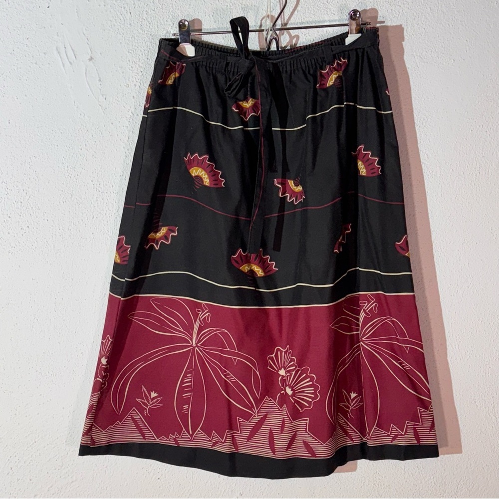 Vintage parsons place // maroon, black print midi skirt size large